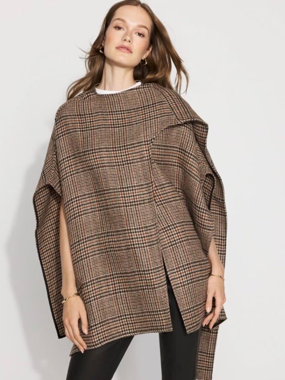 White House Black Market Brown Plaid Open-Front Wrap Coat OS